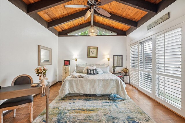 bedroom with lofted ceiling with beams, wood ceiling, multiple windows, and ceiling fan