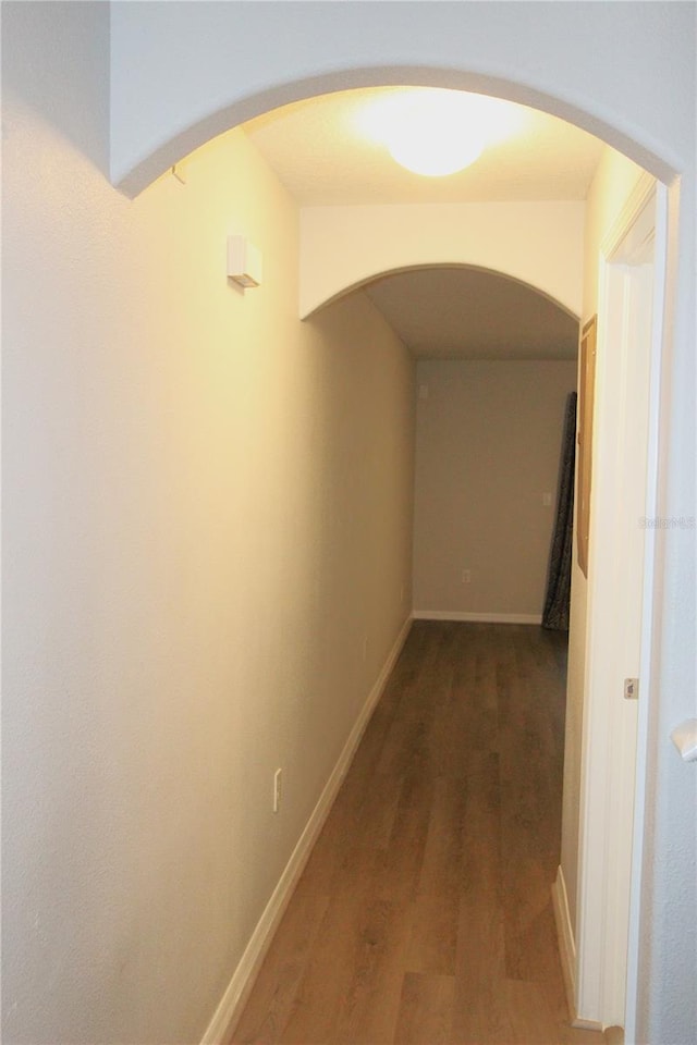 hallway with dark wood-type flooring