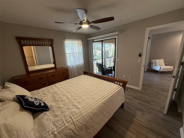 bedroom with access to exterior, ceiling fan, and dark wood-type flooring