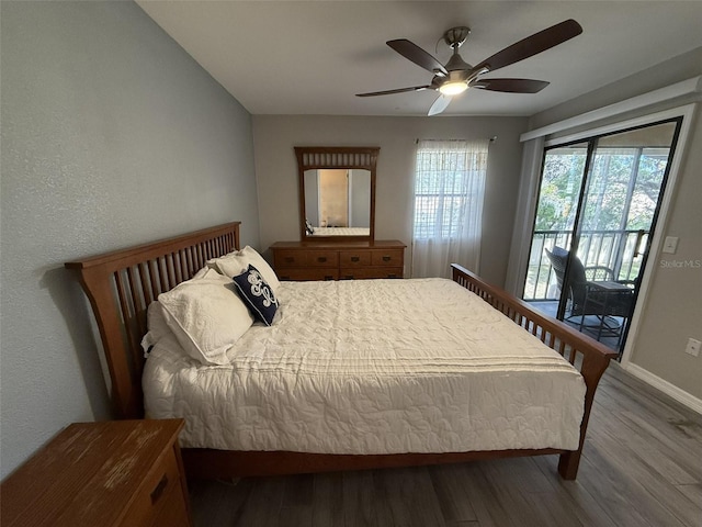 bedroom featuring access to exterior, ceiling fan, and wood-type flooring