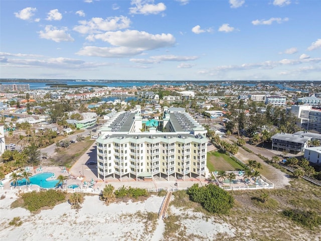 drone / aerial view with a water view