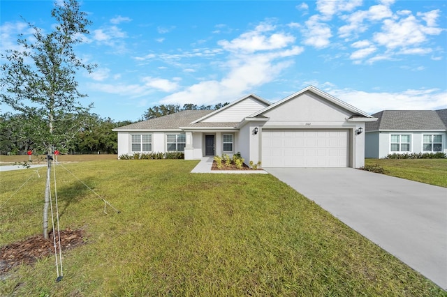 single story home featuring a front yard and a garage