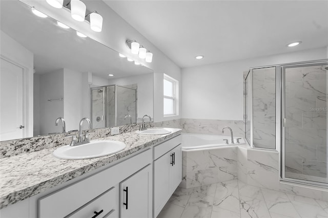 bathroom with vanity and plus walk in shower