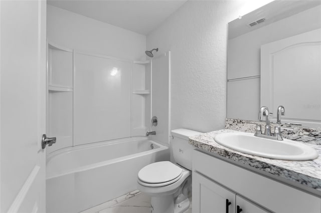 full bathroom with shower / bathing tub combination, vanity, and toilet