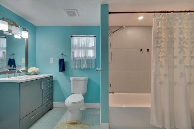 full bathroom with tile patterned flooring, vanity, toilet, and shower / bathtub combination with curtain