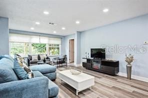 living room with light hardwood / wood-style flooring