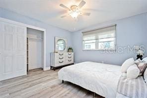 bedroom featuring ceiling fan, light wood-type flooring, and a closet