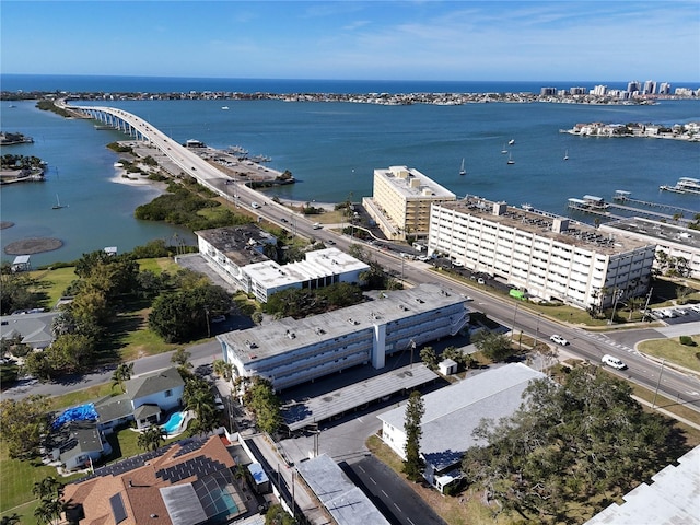 drone / aerial view with a water view