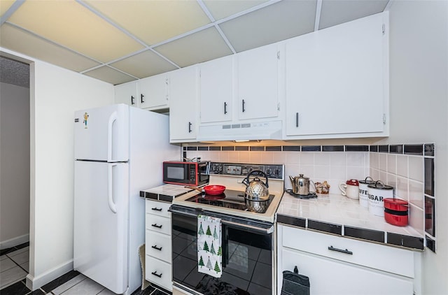 kitchen featuring white cabinetry, tile counters, white appliances, range hood, and backsplash