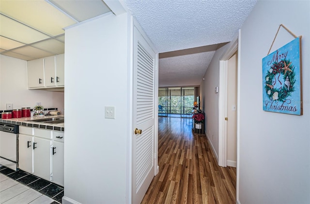 corridor with a sink, baseboards, a textured ceiling, and dark wood-style flooring