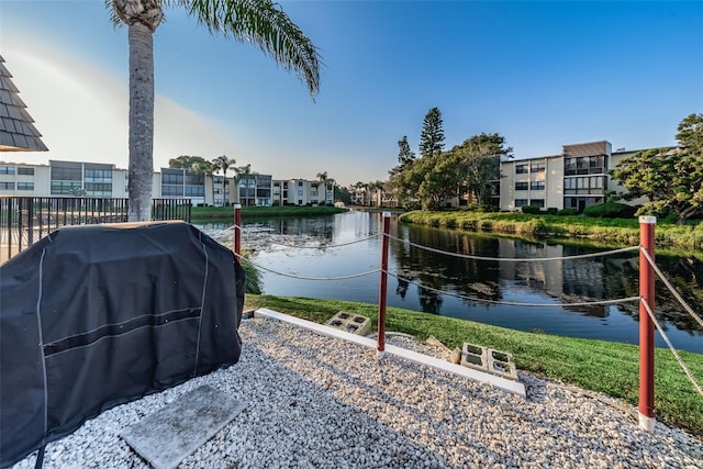 exterior space with a water view and grilling area