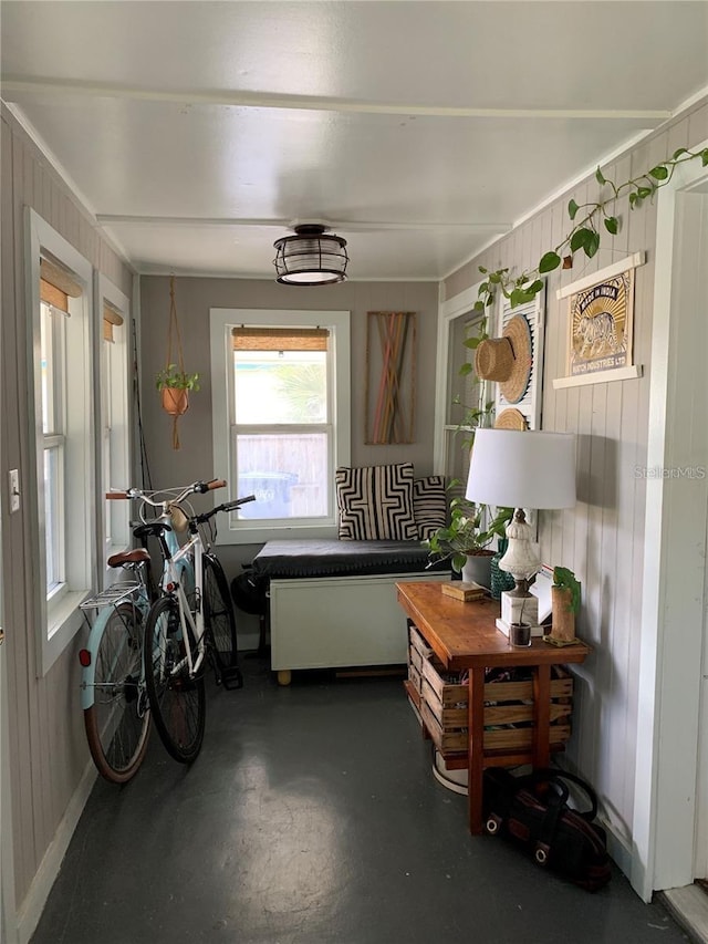 miscellaneous room with wood walls