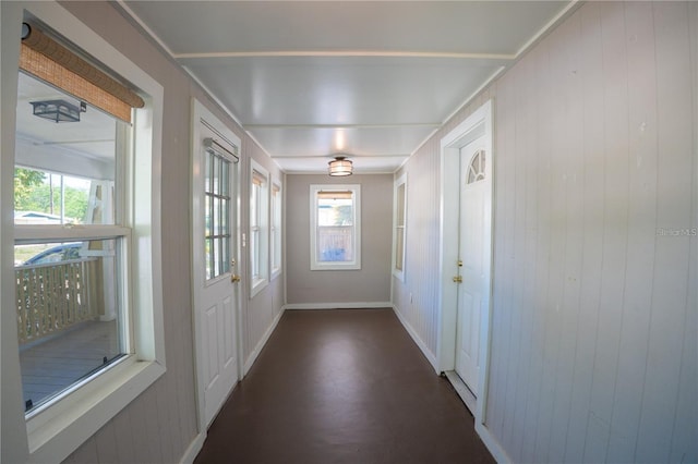 doorway to outside featuring a wealth of natural light, wooden walls, and dark wood-type flooring