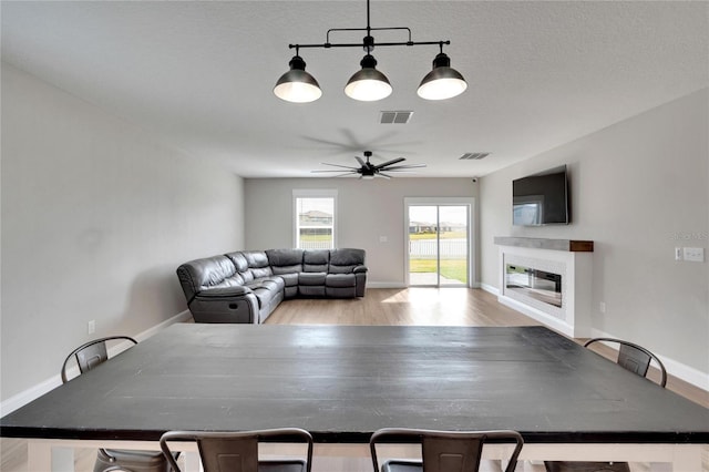 dining area featuring ceiling fan, a textured ceiling, and light hardwood / wood-style flooring