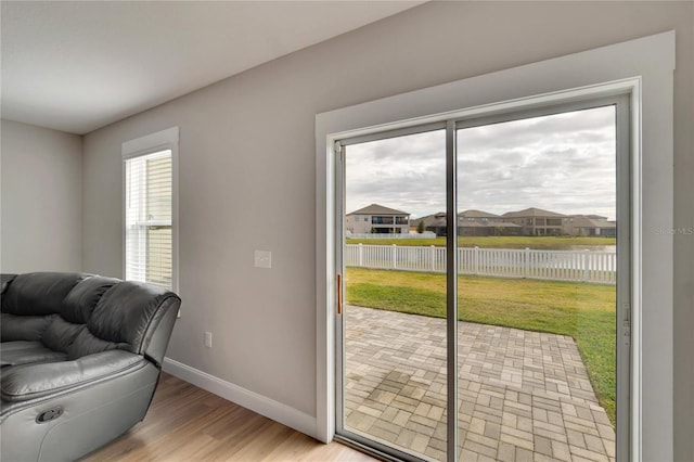 entryway featuring a wealth of natural light, a water view, and light wood-type flooring