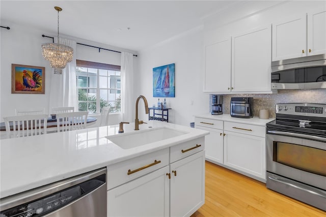 kitchen featuring white cabinetry, sink, light hardwood / wood-style flooring, backsplash, and appliances with stainless steel finishes