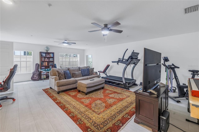 living room with ceiling fan