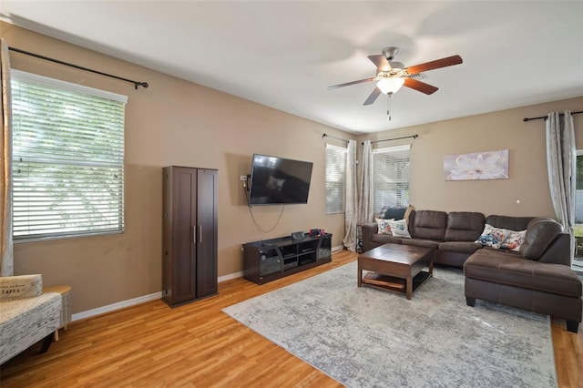 living room featuring ceiling fan and light hardwood / wood-style floors