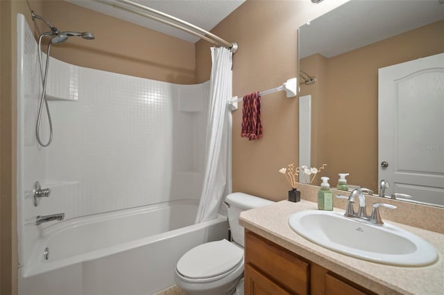 full bathroom with shower / bath combination with curtain, vanity, a textured ceiling, and toilet