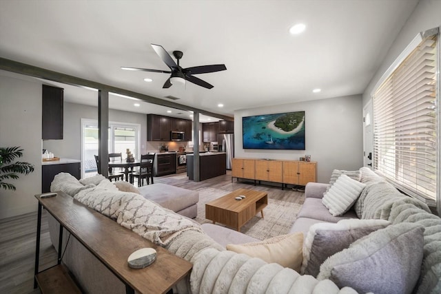 living room featuring ceiling fan and light hardwood / wood-style floors