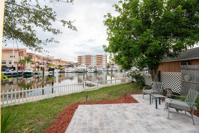 view of patio / terrace with a water view