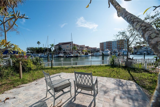 view of patio / terrace with a water view