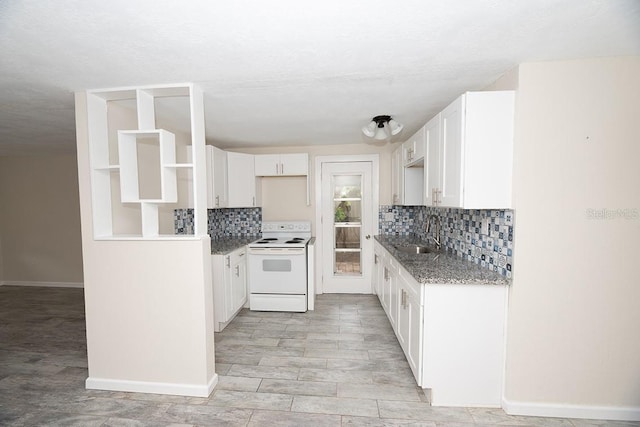 kitchen featuring white cabinetry, sink, white electric range, dark stone countertops, and decorative backsplash