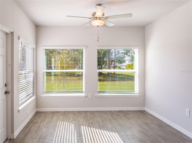 interior space with wood-type flooring, ceiling fan, and a healthy amount of sunlight