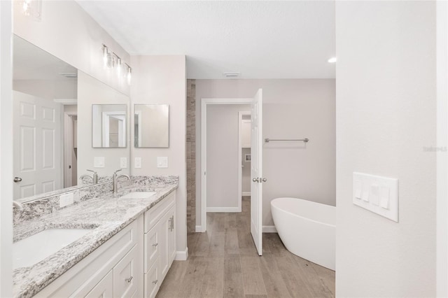 bathroom featuring a bathing tub, vanity, and wood-type flooring