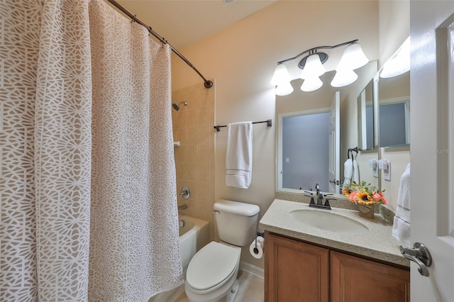 full bathroom with vanity, shower / bath combination with curtain, and toilet