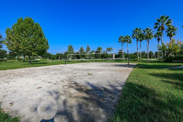 surrounding community featuring volleyball court and a lawn