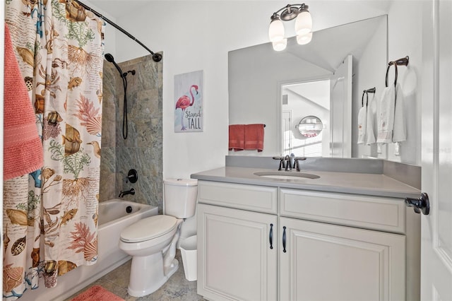 full bathroom with vanity, toilet, and shower / tub combo with curtain