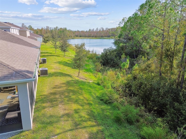 bird's eye view with a water view