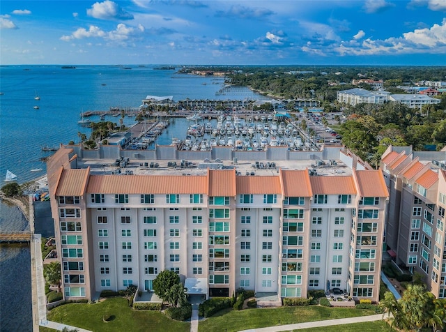 aerial view featuring a water view