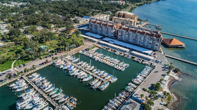 birds eye view of property featuring a water view