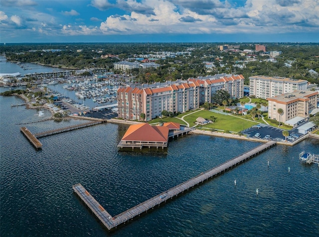 bird's eye view with a water view