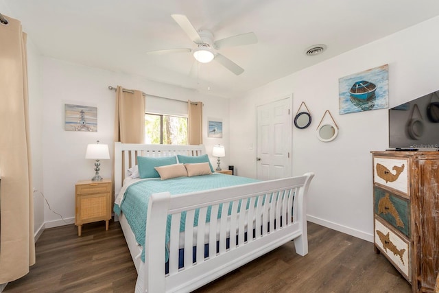 bedroom featuring dark hardwood / wood-style floors and ceiling fan