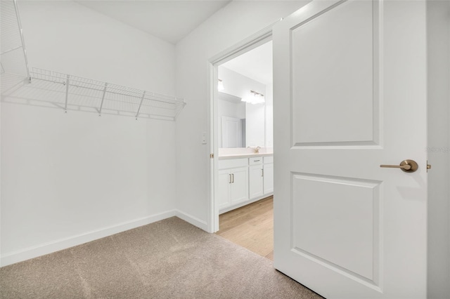 spacious closet featuring light colored carpet