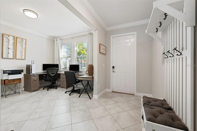 tiled office space with ornamental molding