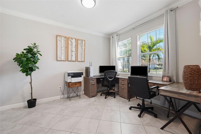 tiled home office featuring a wealth of natural light and crown molding