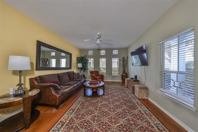 living room with ceiling fan and wood-type flooring