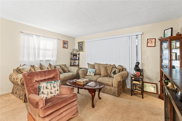 carpeted living room with a textured ceiling