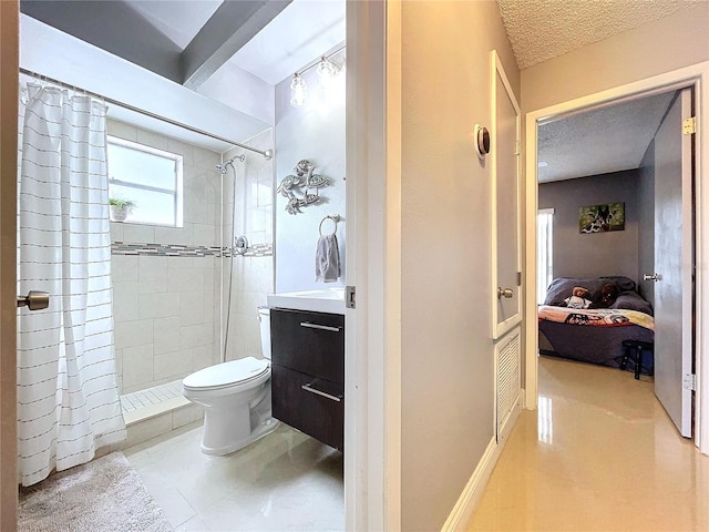 bathroom with walk in shower, tile patterned flooring, a textured ceiling, toilet, and vanity