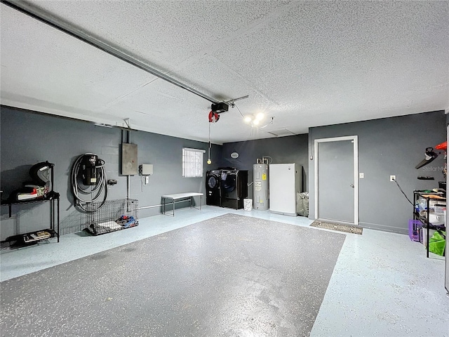 garage with electric panel, electric water heater, white fridge, and a garage door opener