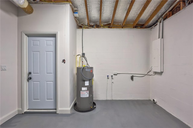 basement with electric panel and electric water heater