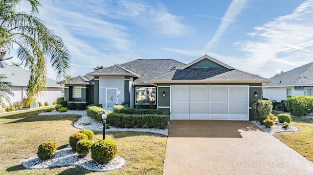 ranch-style home featuring a front lawn and a garage