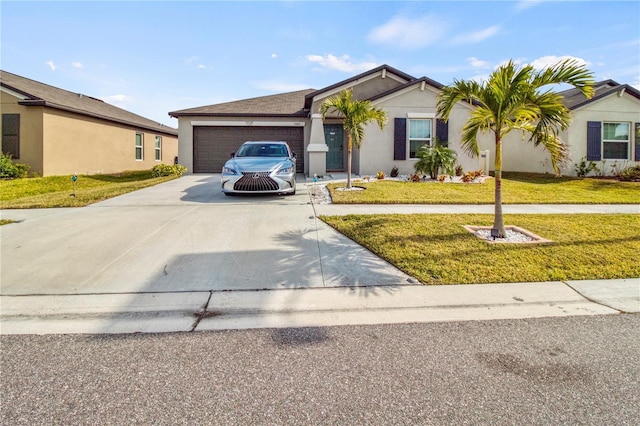 ranch-style house with a garage and a front lawn