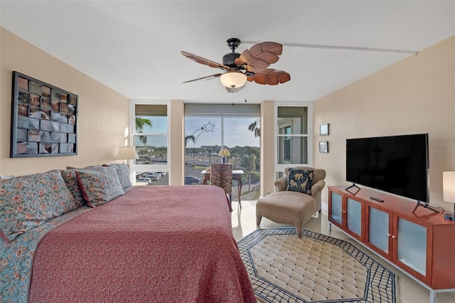 bedroom featuring access to outside and ceiling fan