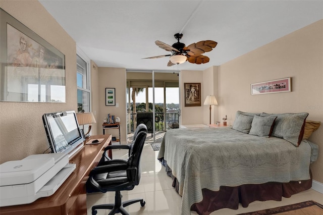 bedroom featuring access to outside, ceiling fan, and light tile patterned floors