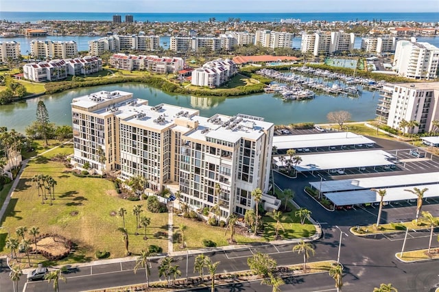 bird's eye view with a water view